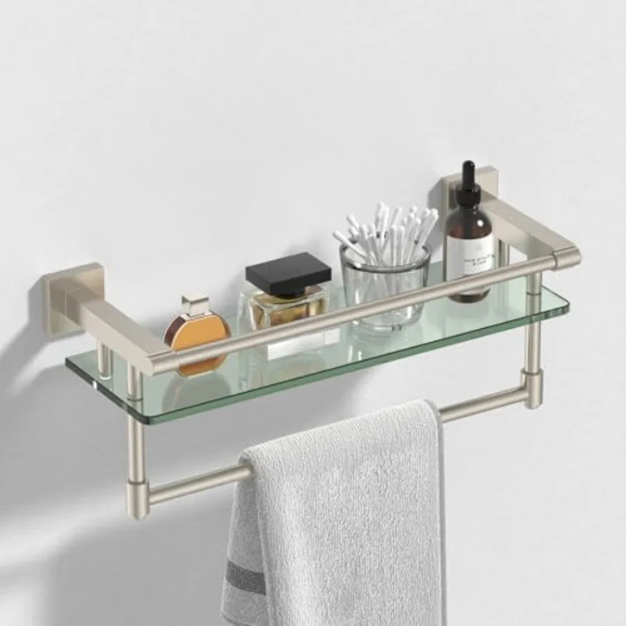 

Modern Glass Shelf Towel Bar, 1-Shelf, Finish, Wall Mount, Bathroom Organizer