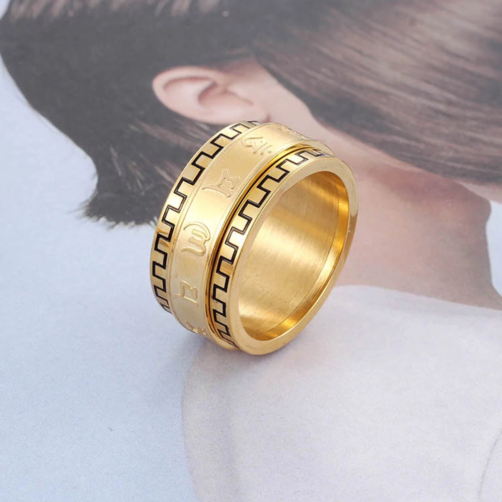 Tibetan Buddhism Six-character Rumor Rings Golden Silver Color Stainless Steel Rotatable Ring for Women Men Lucky Jewelry Gifts