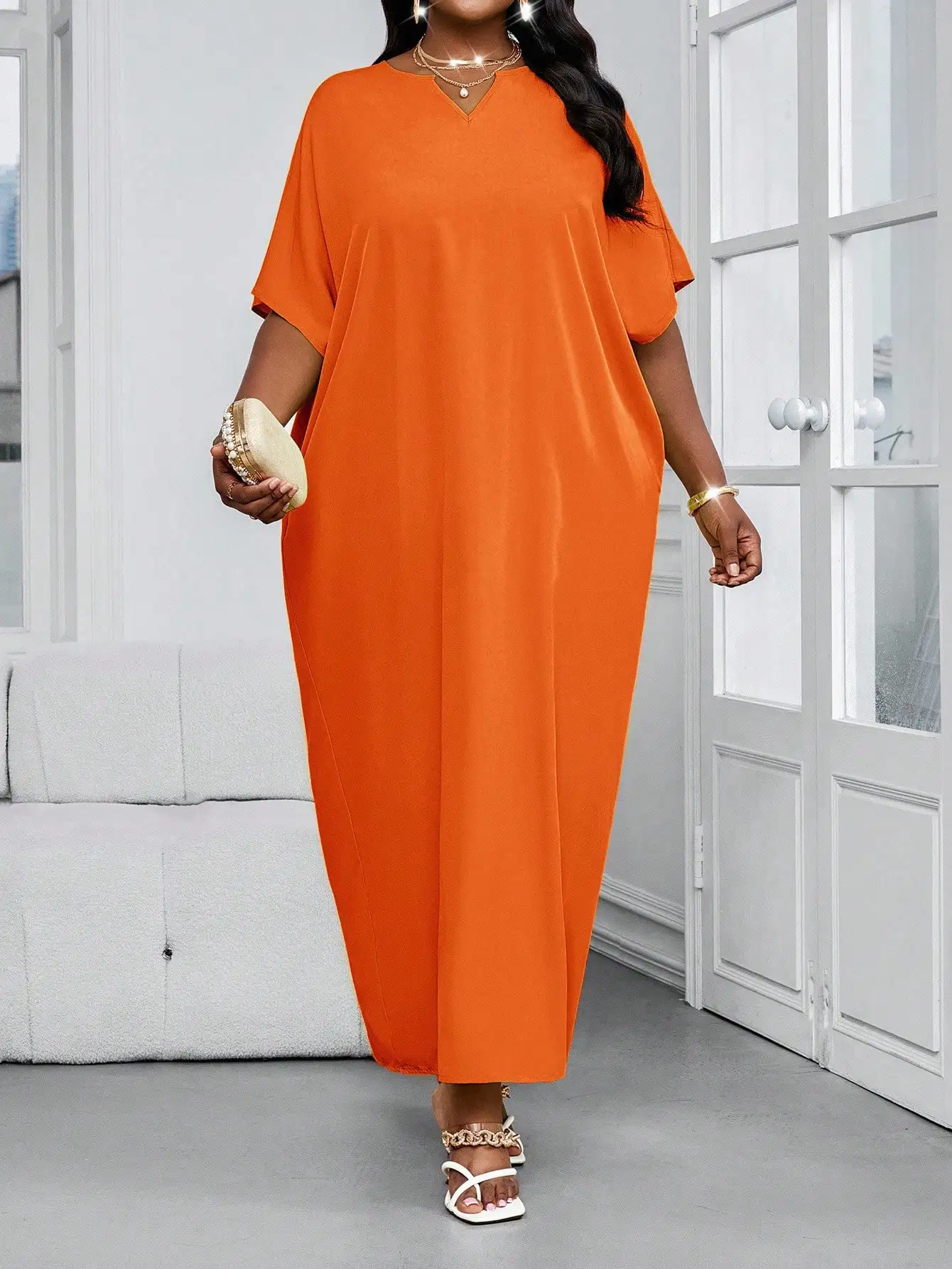 

Оранжевое свободное платье макси с короткими рукавами для женщин, повседневный наряд для отпуска и пляжа