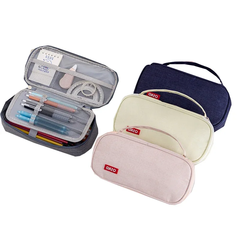 New Solid Color Simple Portable Multi-Layer Stationery Storage Bag Thickened Multi-Functional Pencil Cases Bag