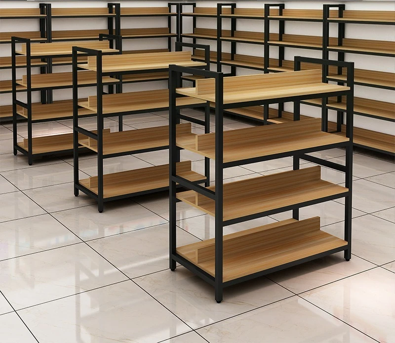 

Customizable display rack Double-sided multi-layer convenience store floor-to-ceiling steel and wood shelves