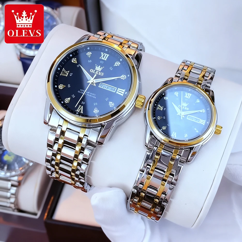 OLEVS Trend Fashion Couple Watches Fine Steel Original Brand Quartz Wristwatch for Lover Dual Scale Dial Waterproof Luminous New