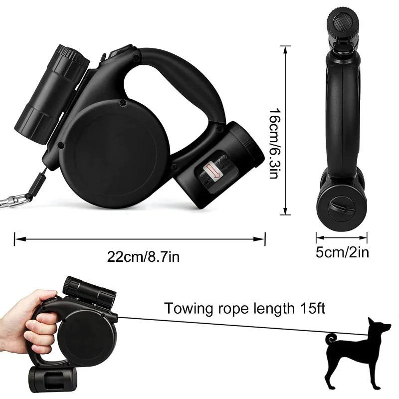 5m Retractable Dog Leash 5m Dog Walking Leash for Small Medium Dogs One Button Break & Lock with led Flashlight and Trash Bag