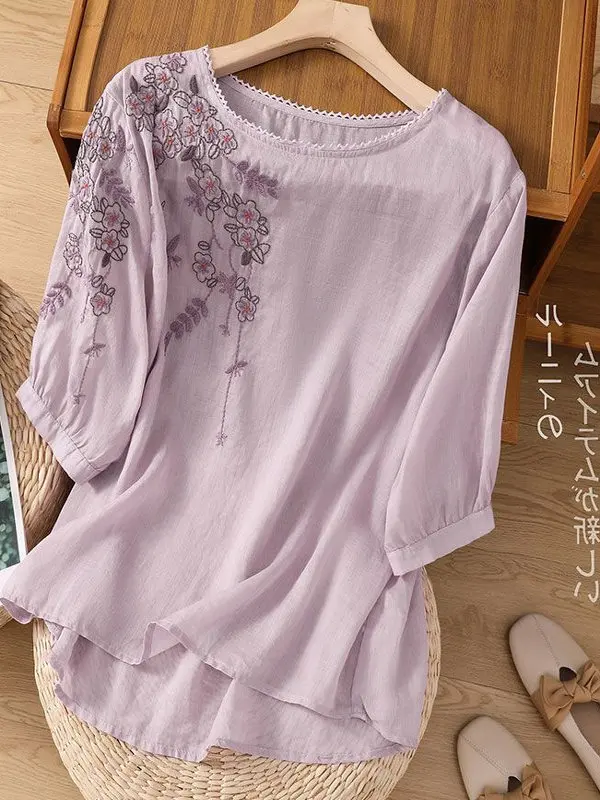 

Summer 2025 New round Ne irt Thin Cotton Linen Embroidery Art Slimming Vintage Loose ort Sve T-irt Small irt