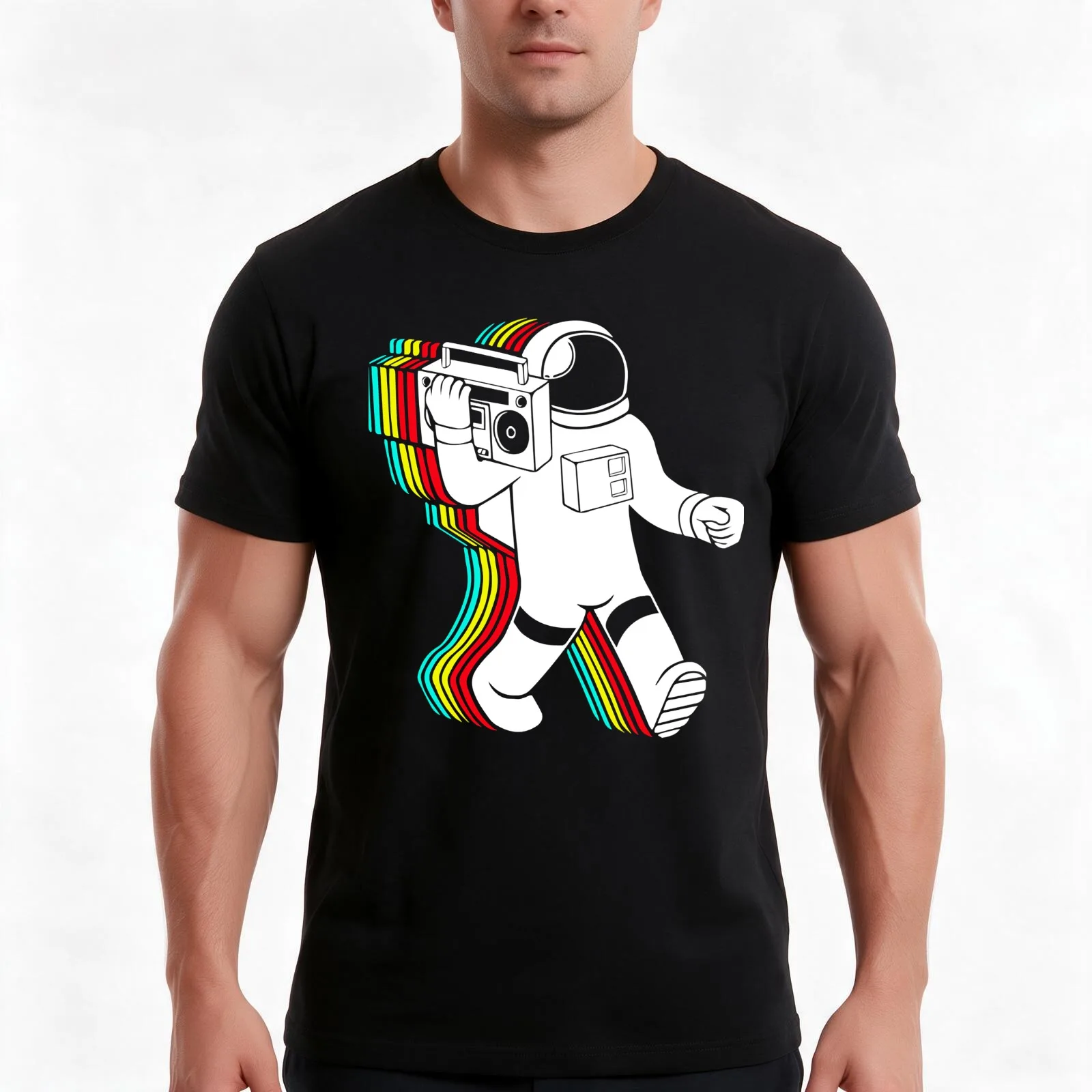 Astronaut with boombox T-Shirt, Summer Casual Cotton Tee, Oversized Streetwear Tops, Vintage Graphic Print, Unisex Men Women