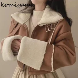 Suede Lambswool Women 2024 Outerwears Winter Warm Chaquetas Mujer Long Sleeve Jacket High Collar Jackets Vintage Zipper Ropa