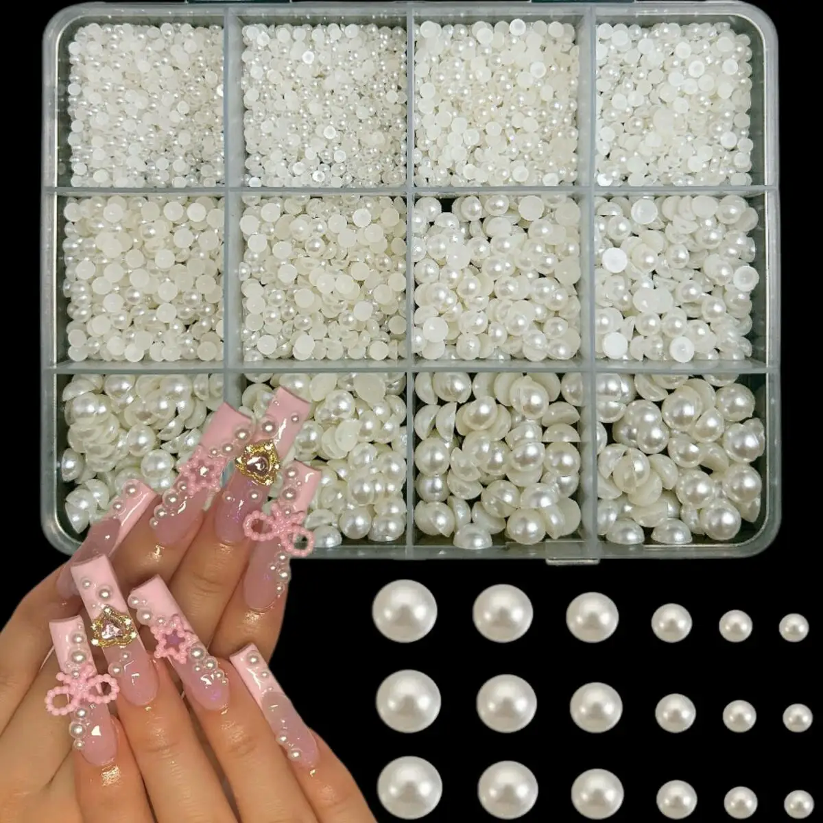 

1Box Creative Resin Heart Bow Flower Alloy Cherry Nail Charms Simulated Pearls Mini Colored Rhinestones Nail Art Decorations DIY