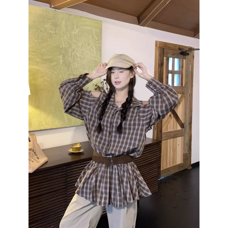 فستان ريترو منقوش عاري الكتفين بياقة بولو وأكمام طويلة للنساء قميص خريفي بتصميم على شكل حرف A