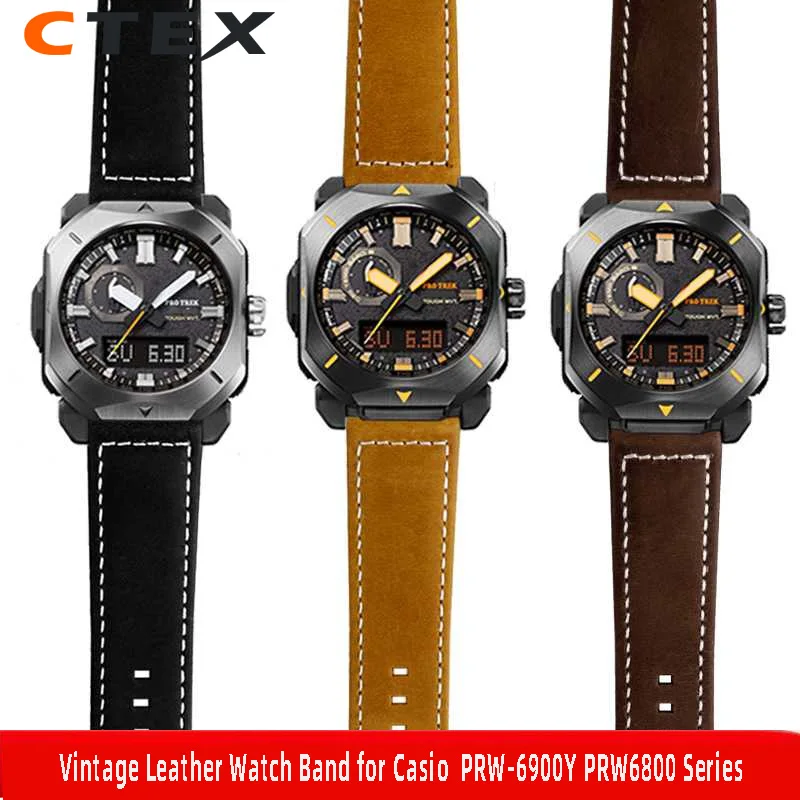 สายนาฬิกาหนังวินเทจ23มม. สำหรับ Casio ผู้ชาย PRW-6900Y ชุด PRW6800ย้อนยุคสายรัดข้อมือสีดำสีน้ำตาล
