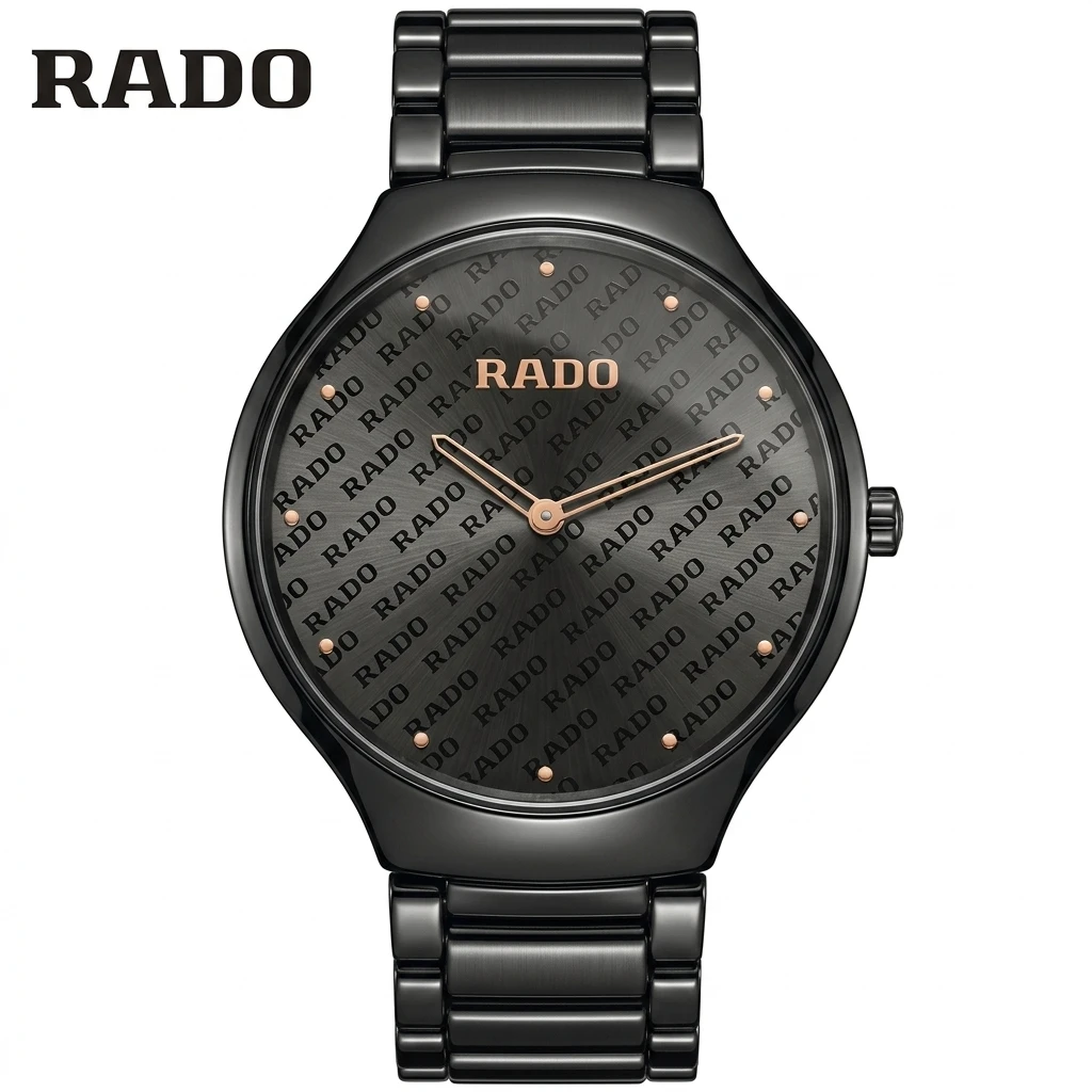 RADO Business Men Quartz Dress Watch Full Black Ceramic Strap Engraved Logo Dial Rose Gold Dot Index Male Wristwatch