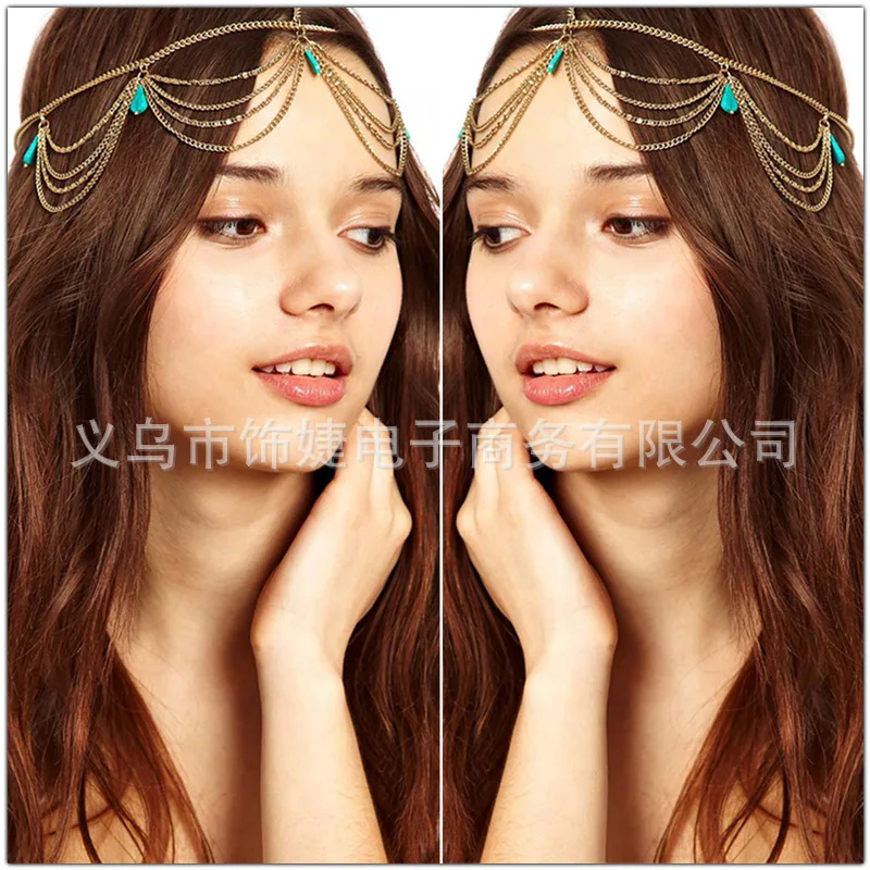 

Bohemian Headband with Gold Multilayer Fringe Turquoise Pendant Simple Hair Accessories