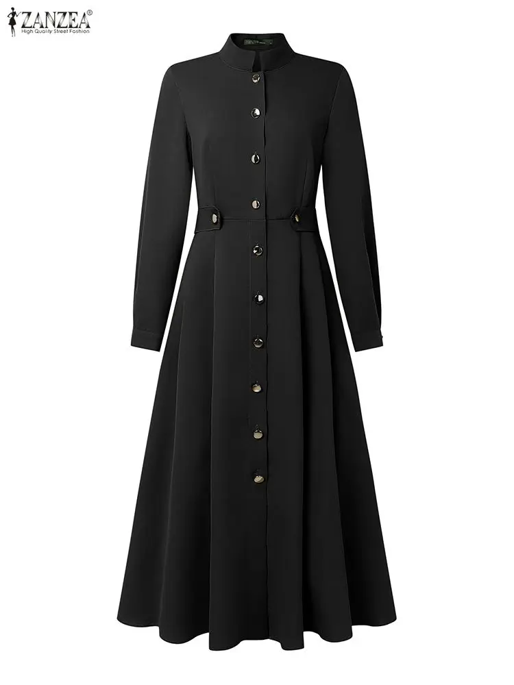 المرأة أنيقة فساتين متوسطة الطول حجم كبير عادية وهمية الرقبة كم طويل زر حتى ألف خط فستان طويل ZANZEA الخريف امرأة الملابس 5XL