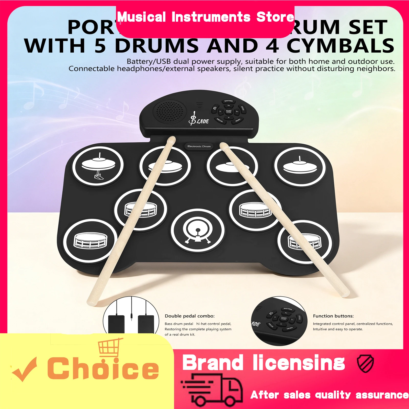 SLADE Hand-Rolled Drum 9 Drum Pads 5 Drumheads 4 Cymbals Built-In Speaker SD-9 Portable Suitable For Indoor Practice