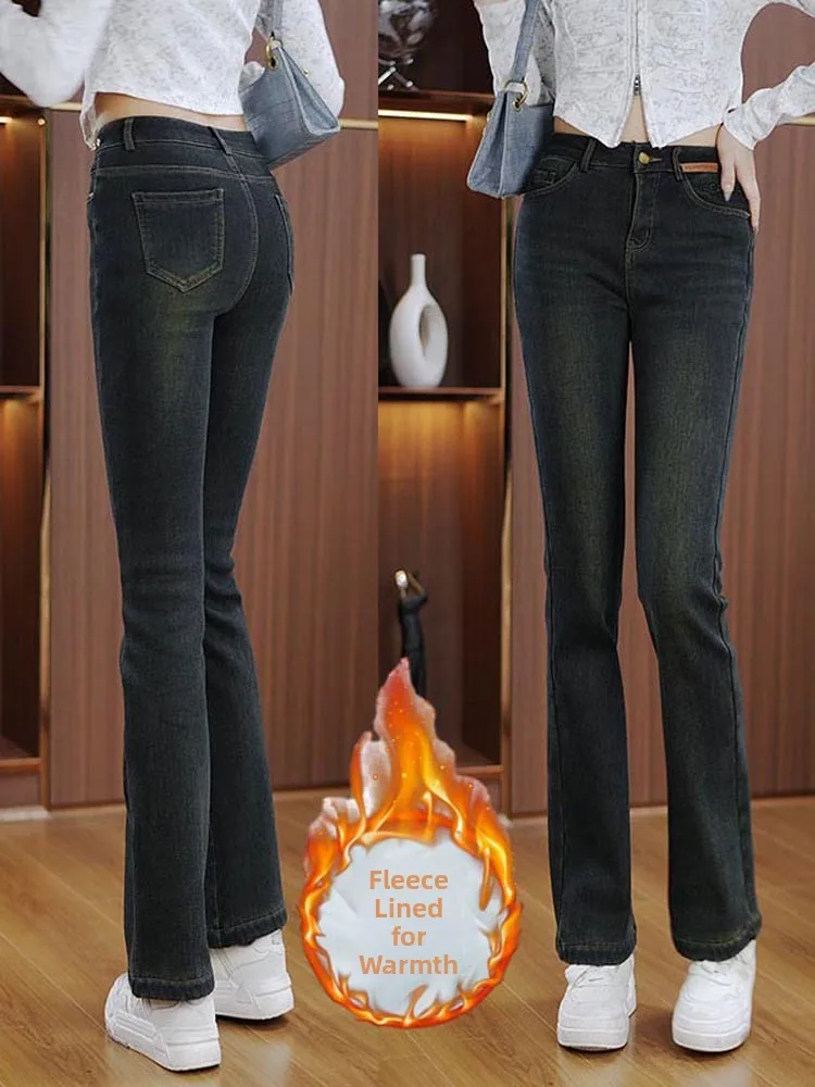 

Fce Lined Thiened с высокой талией для похудения, винтажные джинсовые брюки-колокольчики с высокой посадкой, женские зимние джинсы больших размеров