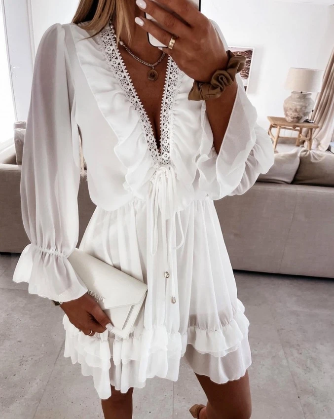 

White Dresses for Women 2024 Autumn Flare Sleeve Lace Trim Ruffle Hem Plunge Chiffon High Elastic Waist Holiday A Line Dress