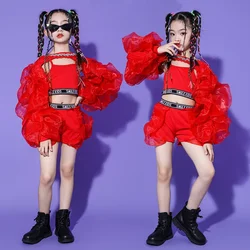 Disfraz de baile de Jazz para niña, traje de Kpop para adolescentes, ropa de escenario de actuación de Hip Hop, Tops de manga esponjosa roja, pantalones, ropa festiva