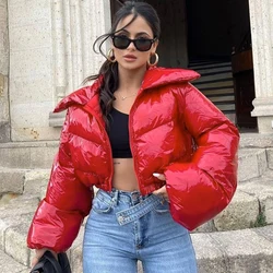 Winter Women Shinny PU Leather Puffer Jackets Warm Cute Bubble Coats Outerwear Bright Leather Parka Down Zipper Cropped Jackets