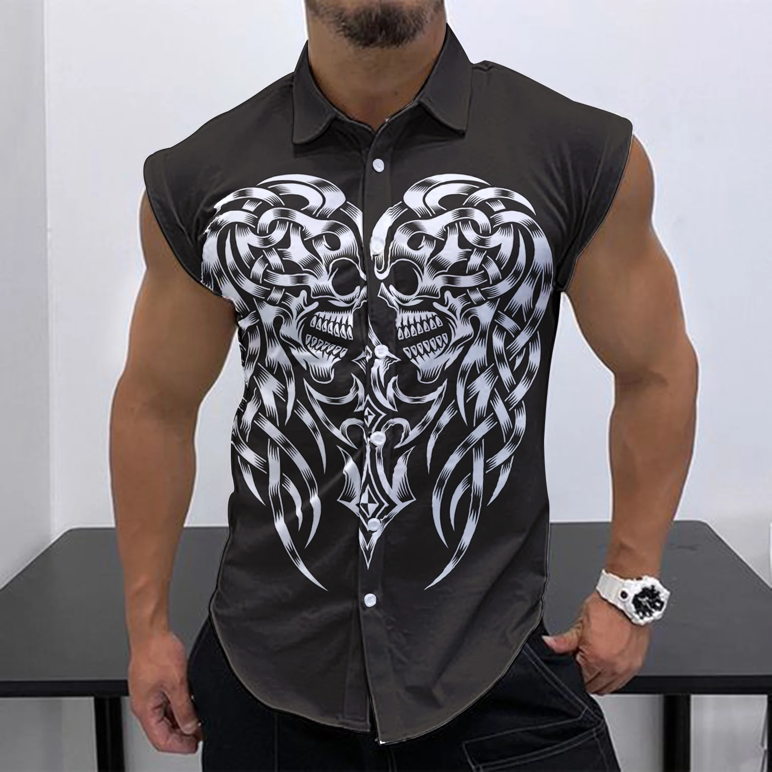 2023 Summer New Men\'s Sleeveless Shirt Fashion Street Leisure Beach Holiday Party Fashion Skull HD 3D Print Quick Dry Shirt