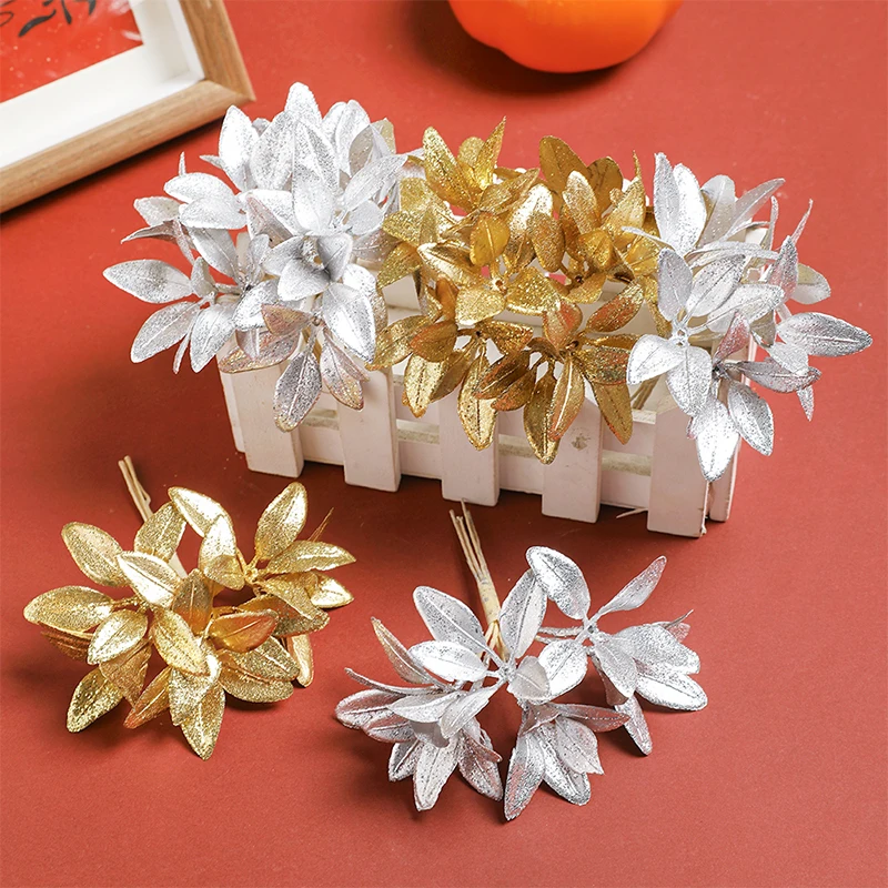 

1/3/5Pcs Artificial Plant Gold Sliver Apple Leaves for Home Wedding Christmas Decoration DIY Craft Wreath Gifts Accessories