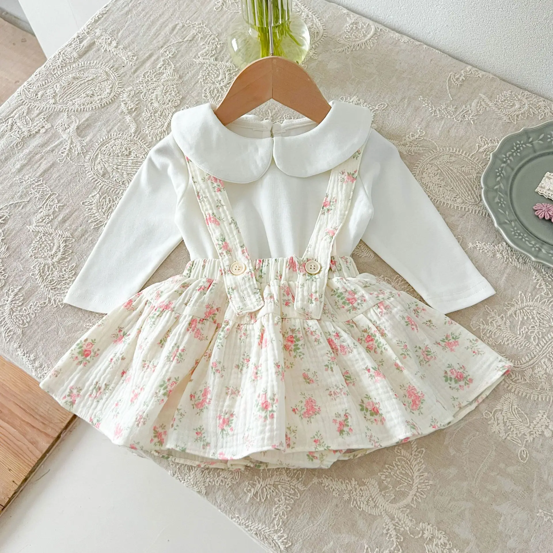 2024 Autumn Baby Suspender Rompers Skirt Korean Girls Baby Floral Strap Rompers Fashion Cute Strap Rompers Skirt