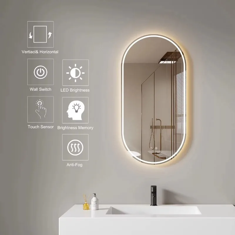 Modern Frameless Light Emitting Diode Oval Bathroom Mirror Smart Touch Sensor Switch Anti-Fog Dimmable Aluminum Luxury