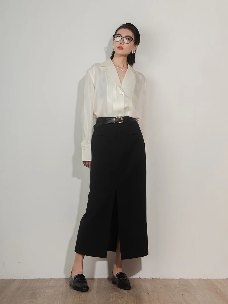 

via Design Sensation Silk irt Women's Loose Tailored Collar Small ence Long Sve Pure Color Ciwalk Top