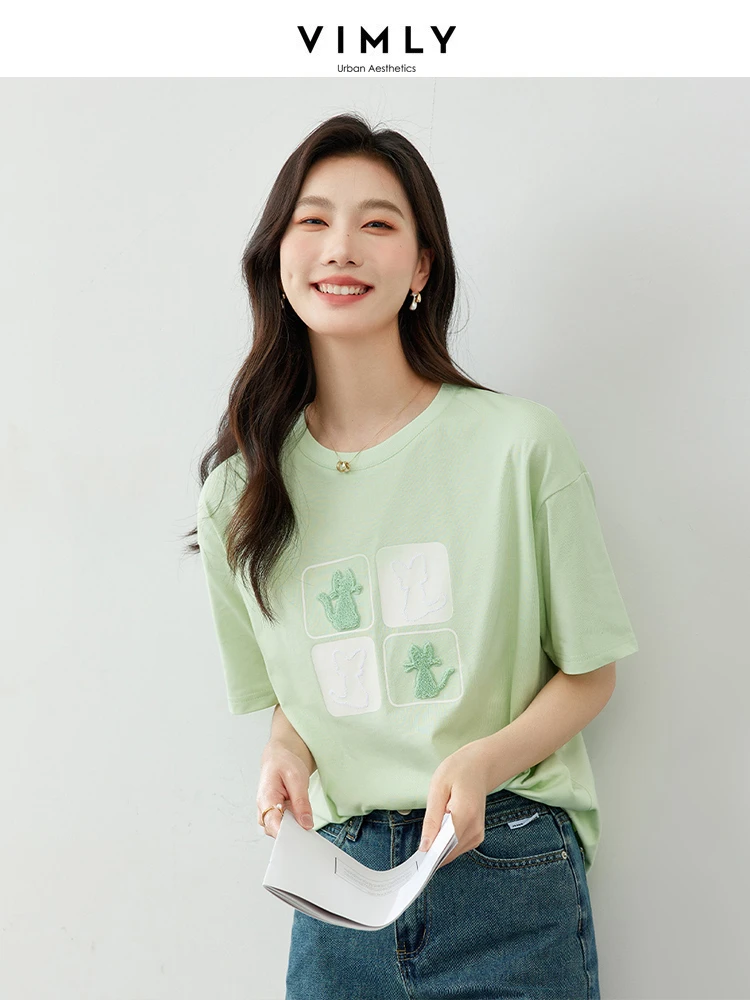 VIMLY Women's Casual Tee Shirts Short Sleeve 100%Cotton T-shirt Summer New Chic Stereoscopic Embroidery Loose Round Neck Tops