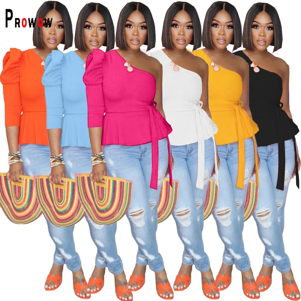 Prowow Fashion Women Tops Shirts One Shoulder Solid Color Summer Female Top Clothes with Sashes 2024 New Design Slim Fit Outfits