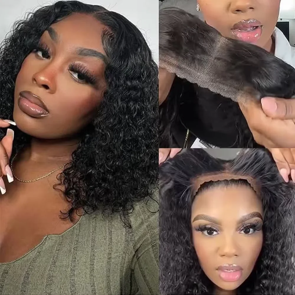 8-16 Inch Bob Curly Human Hair Wigs 13x4 HD Lace Frontal Wig Bouncy Deep Wave Texture Natural Black Human Hair Wigs Pre Plucked Bangs For Daily Wear view 5
