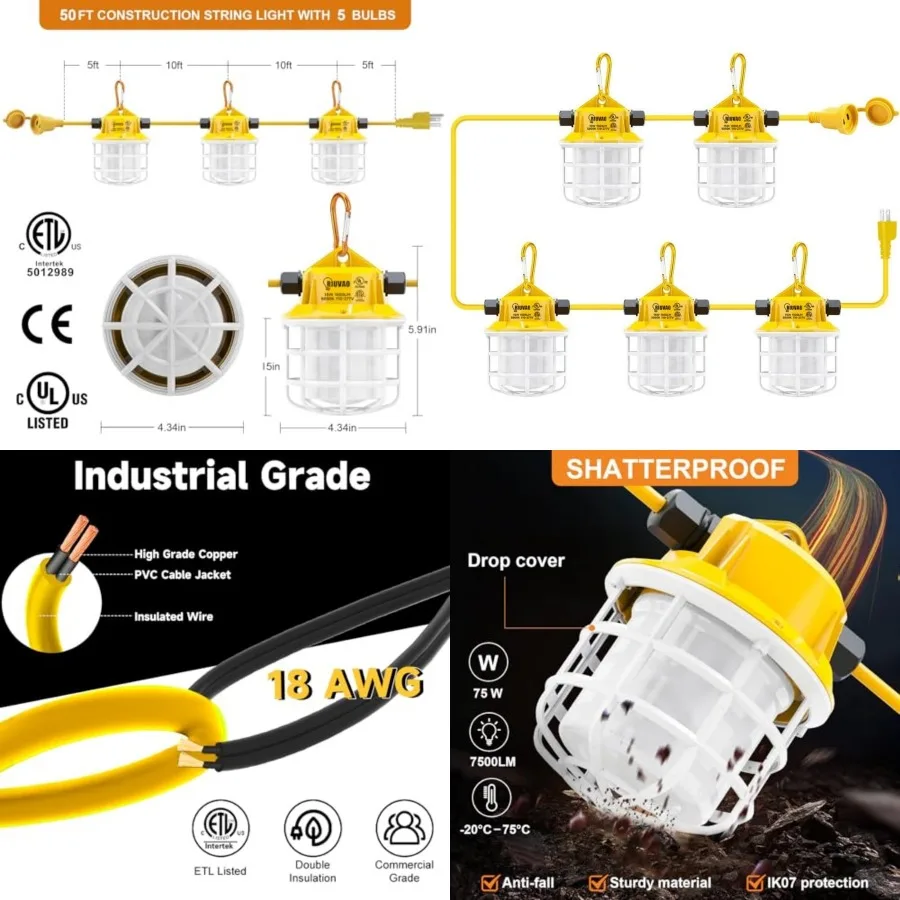 

50Feet LED Construction String Lights, 75W 7500LM Industrial Grade Super Bright String Work Lights for Construction Sites, Temp