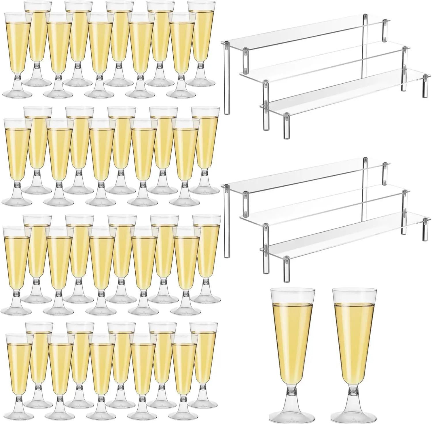 

48 Pcs 5 oz Clear Plastic Champagne Flutes with 2 Pcs 3-Tier Acrylic Holders for Wedding Party Cocktail Decor