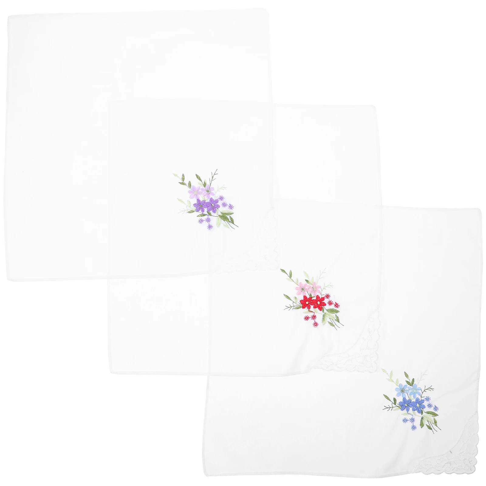 

3pcs Cotton Handkerchiefs Lace Trim Embroidery Floral Pocket Squares For Women Bridal Shower Gifts