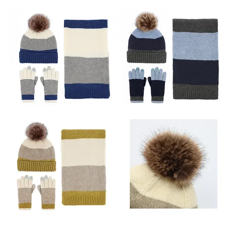 

Contrasting Colors Winter Hat Scarf Gloves Set Women Wool Blend Pompom Fur Ball Hat Warm Knitted Neck Scarf Touchscreen Gloves