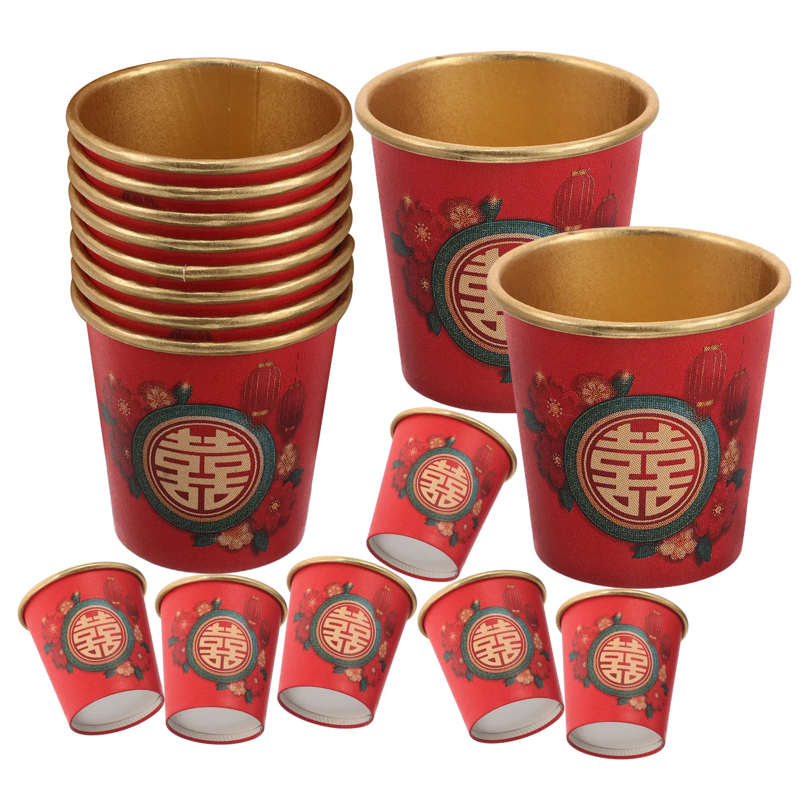 50Pcs Thickened Red Disposable Paper Cups Featuring Chinese Xi Character Ideal for Wedding Banquet Tea Party Shot Glass