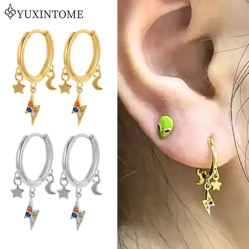 

Vintage Gold Earrings 925 Sterling Silver Ear Needle Star Moon Lightning Colorful Hoop Earrings For Women Fashion Fine Jewelry