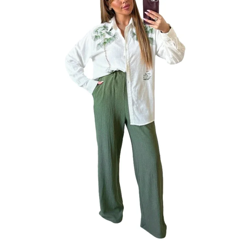 Letni Nowy Damski Strój Dojazdowy Modny Z Nadrukiem Roślin Casualowe Koszule z Długim Rękawem + Spodnie Garnitury Wakacyjne na Plażę Luźne Dwuczęściowe Komplety