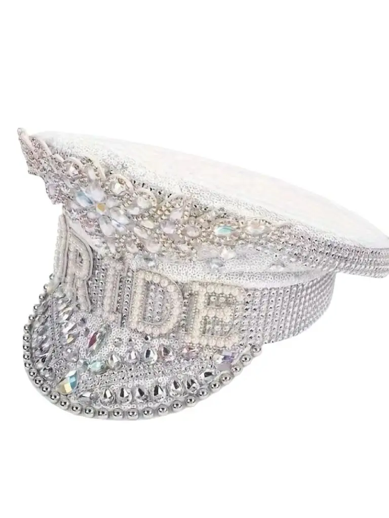 A delicate pearl rhinestone BRIDE monogram white sequined festive navy hat for bridal showers, bachelorette parties