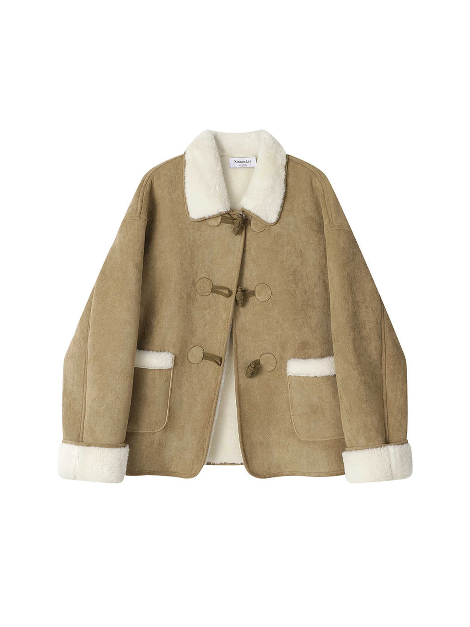 

Women's Khaki Suede Jacket Coat Vintage Leather Lamb Wool Jacket 2000s Vintage Long Sleeve Oversize Outerwear Autumn Winter 2025