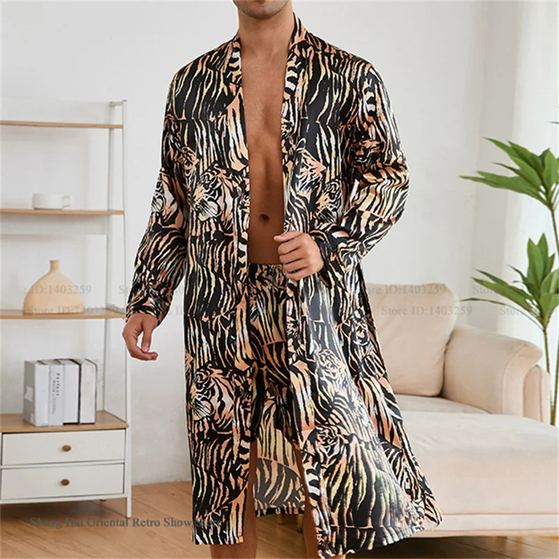 Men\'s Ice Silk Sleepwear Kimono Bathrobe Gown Long Robe Pajamas Two Piece Set Print Tiger Loose Casual Homewear Lounge Wear
