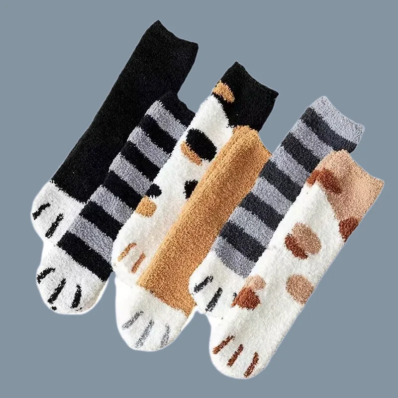 5/10 Pairs Women's Mid-Tube Autumn Winter Thick Socsk Coral Fleece Socks Plush Home Sleeping Towel Floor Cat's Paw Women's Socks