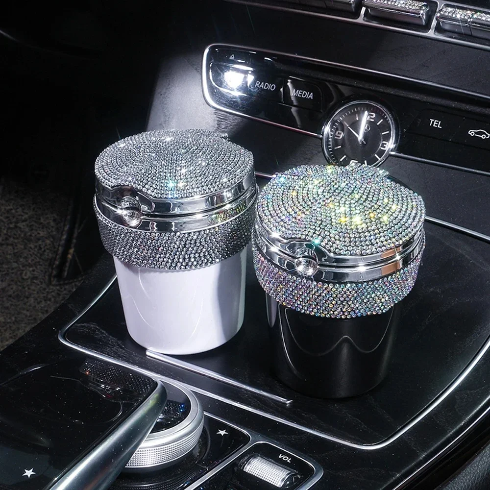 Diamond Car Ashtray with LED Light Cigar Cigarette Ash Tray Smoke Cup Holder Storage Cup Pink Bling Car Accessories for Women