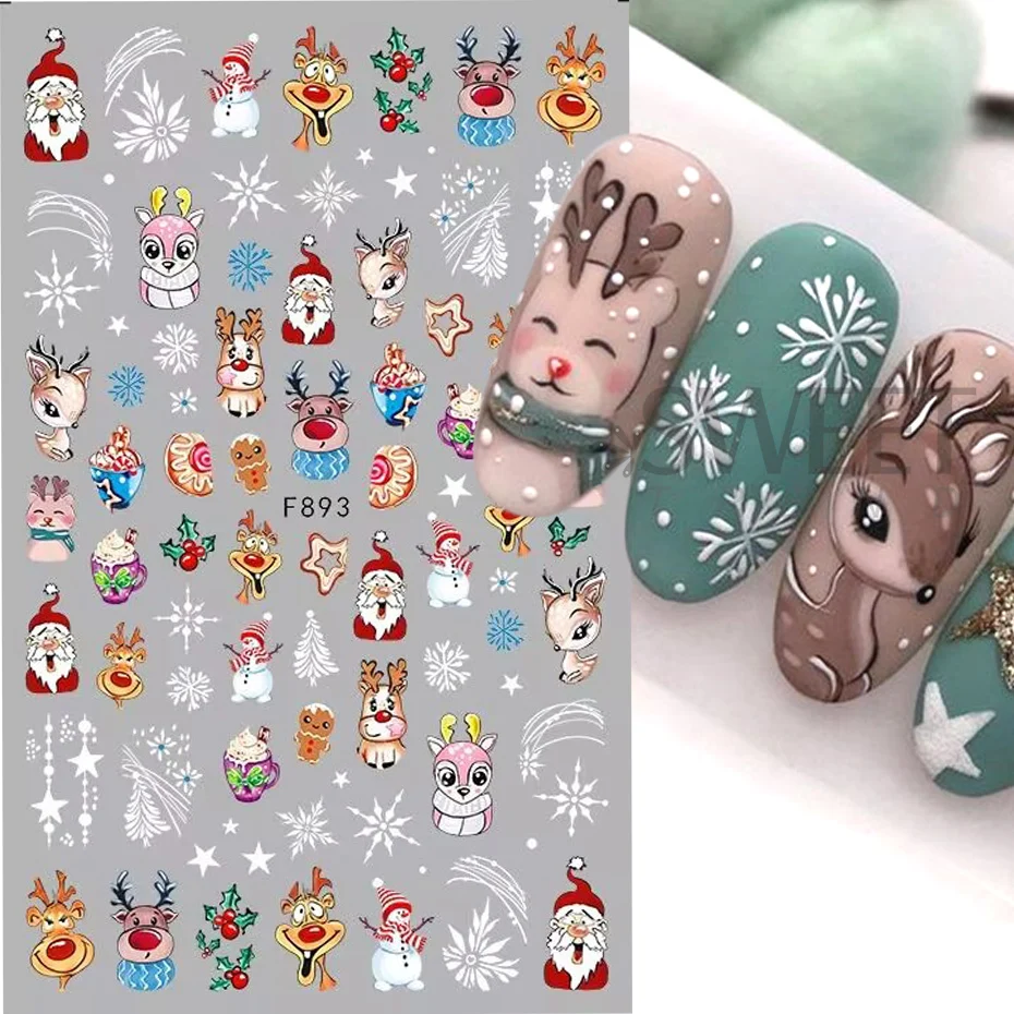 Süße Weihnachten Nail Art Aufkleber Kawaii Schneeflocke Hirsch Weihnachtsmann Star Holly Winter Weihnachten Neujahr 3D Aufkleber Slider Maniküre Tipps