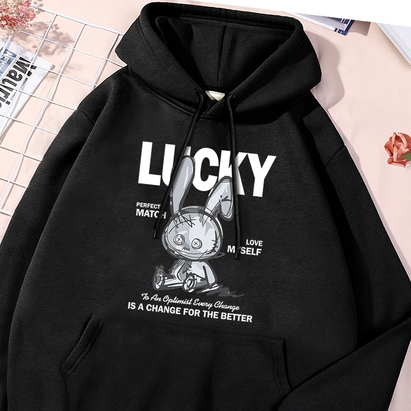 Lucky Rabbit Printing Men Sport Shirts Letter Oversized Hoodies Trendy Simple Pocket Sportwear Personality Comfortable Clothes