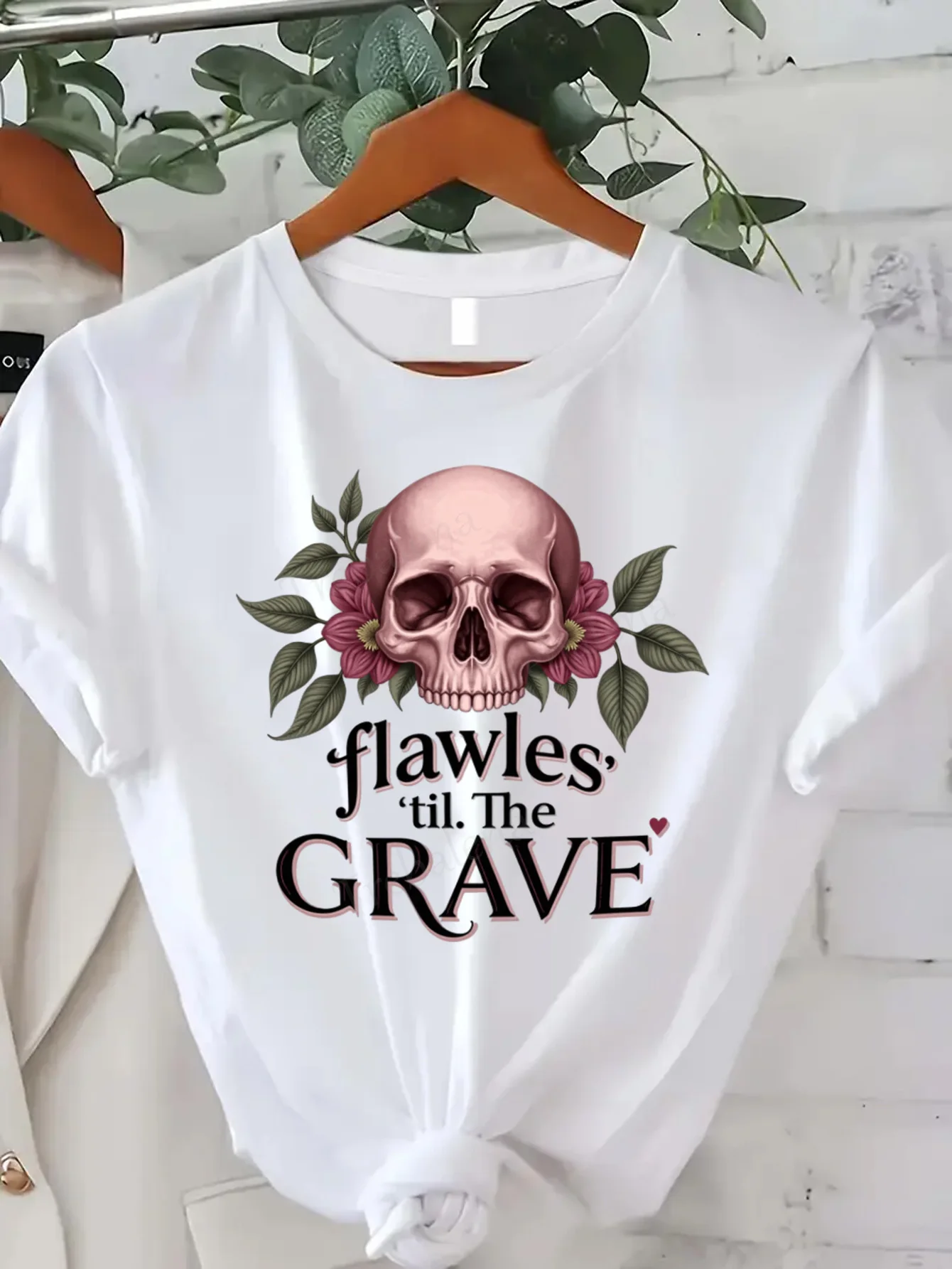 

Round Neck T-shirt Flawless Til The Grave Skull Floral Tee Women Plus Size Casual T-Shirt Short Sleeve Tee Fashion Casual Top