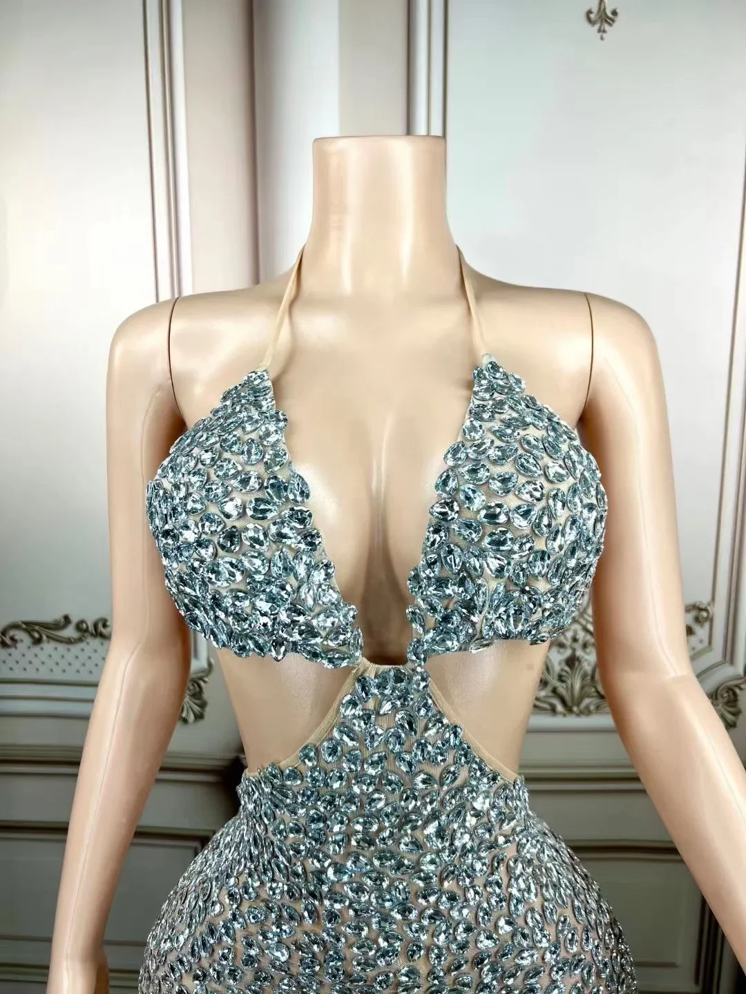 Vrouwen Sparkly Sexy Zilveren Strass Jurk DS DJ Zomer Banket Diner Dating Nachtclubzangeres Stadium Slijtage Koningin 2026 Outfit