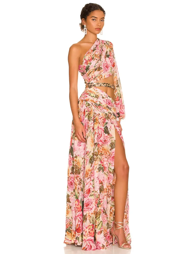 

New Women Summer Dress 2023 Sexy Long Sleeve One Shoulder Floral Long Chiffon Maxi Dress Elegant Split Evening Party Dress