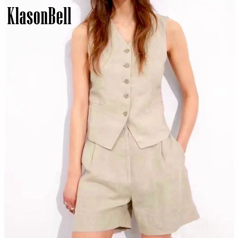 

7.13 KlasonBell Women Elegant Line Vest Two Piece Set V-Neck Button Pocket Tank Top With Straight Shorts Holiday Casual Set