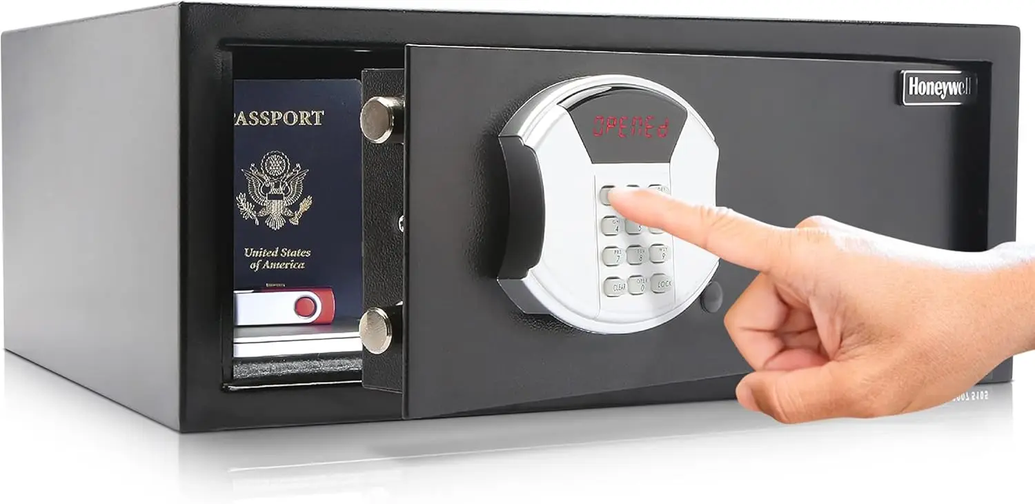

Low Profile Digital Safe Box with LED Display, Hotel-Style Lock, and Emergency Keys - 1.0 CU Capacity in Black