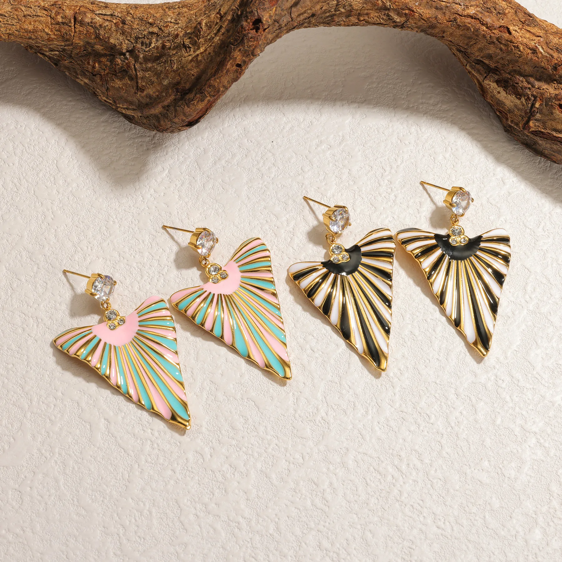 Kissmoon Geometry Triangle Enamel With Zircon Stainless Steel Dangle Earrings for Women Retro Party Fashion Accessories Jewelry