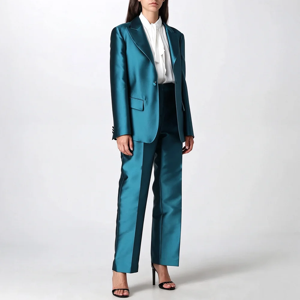 Elegant Satin 2 Piece Suits For Women Classic Notch Lapel Double Breasted Fashion Daily Office Smart Casual Female Outfit